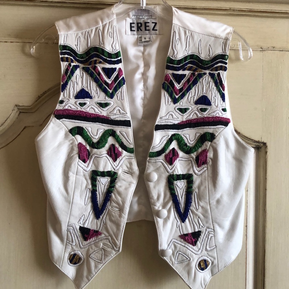 1980s, white leather hand beaded vest, abstract design of blue, green, and pink